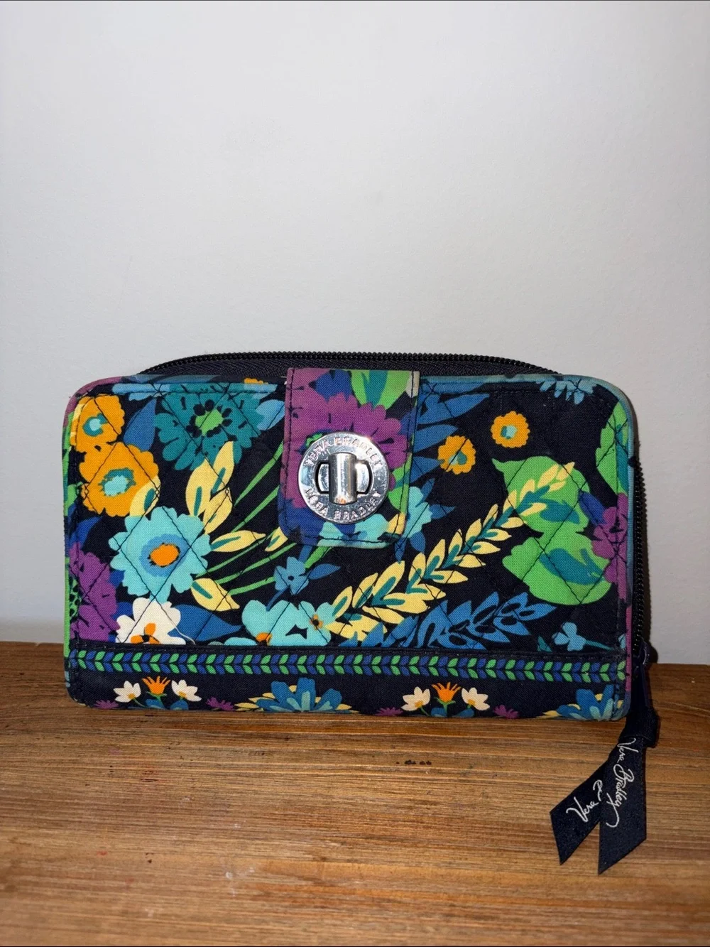 Vera Bradley Black Floral Zip Wallet with Blue & Orange Accents - Picture 3 of 8